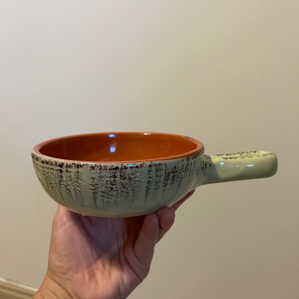 De Silva Italy Pottery Soup Bowl with Handle Green Orange Terracotta Ceramic